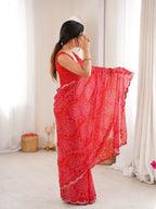 Red Georgette Bandhani Printed Mirror Work Saree - View 2
