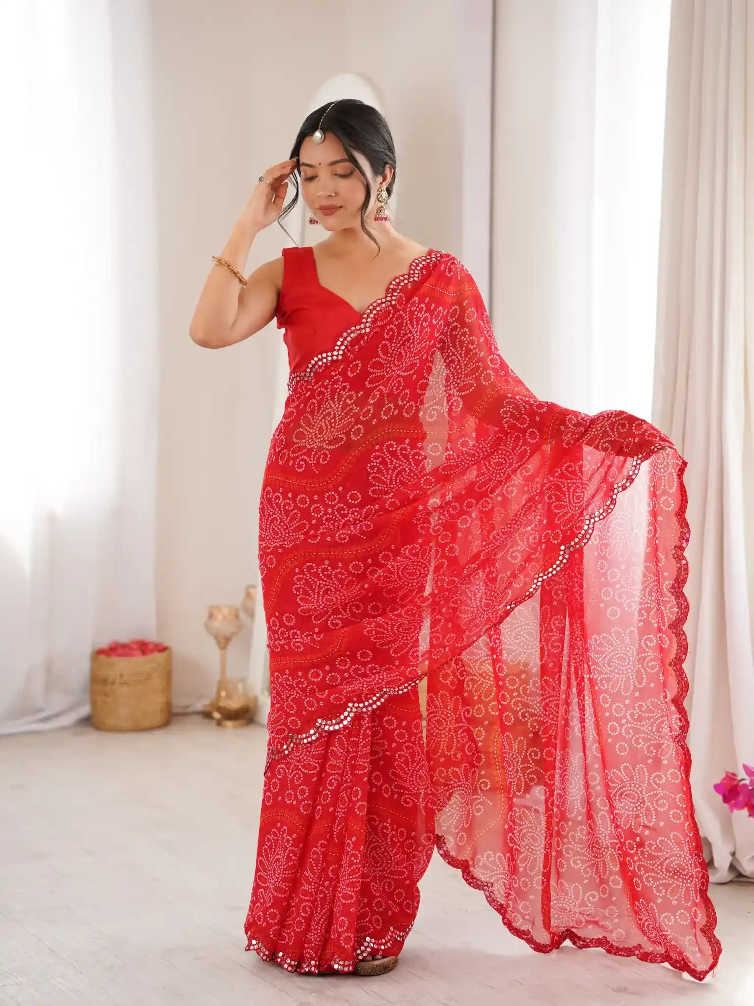 Red Georgette Bandhani Printed Mirror Work Saree - View 3