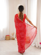 Red Georgette Bandhani Printed Mirror Work Saree - View 5
