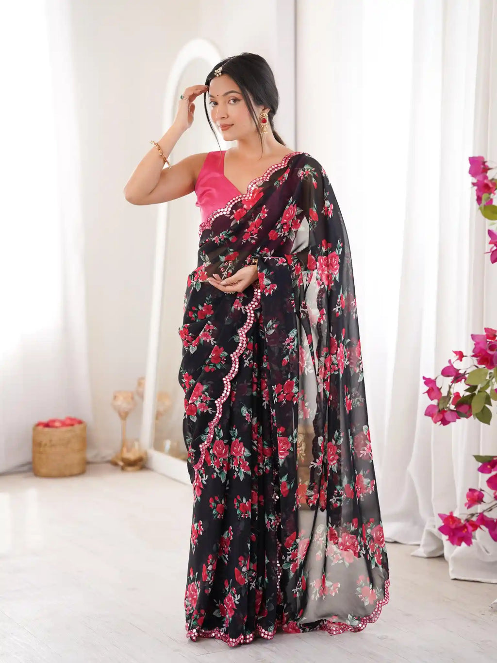 Black Georgette Floral Printed Mirror Work Saree - View 1