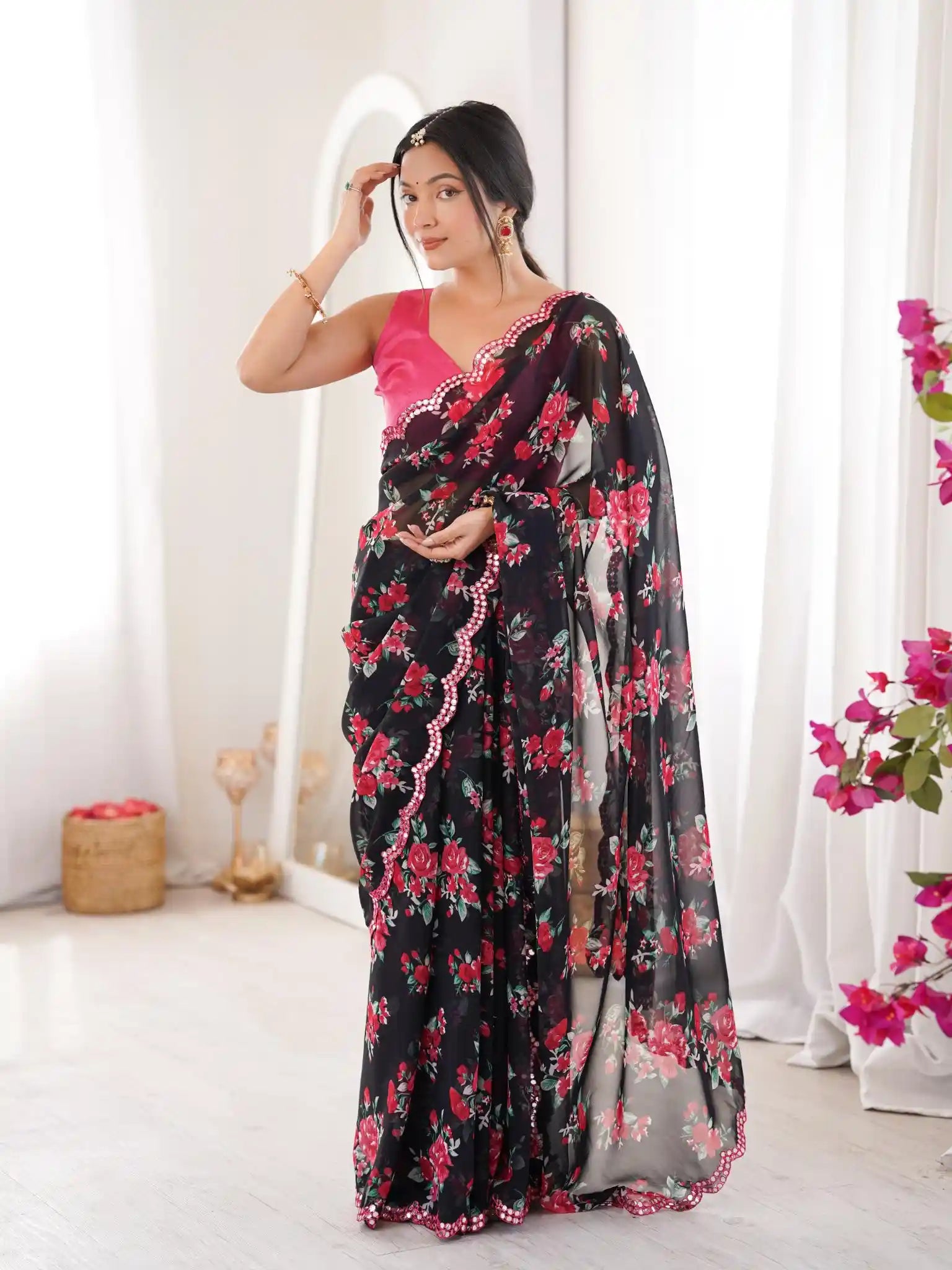 Black Georgette Floral Printed Mirror Work Saree - View 1