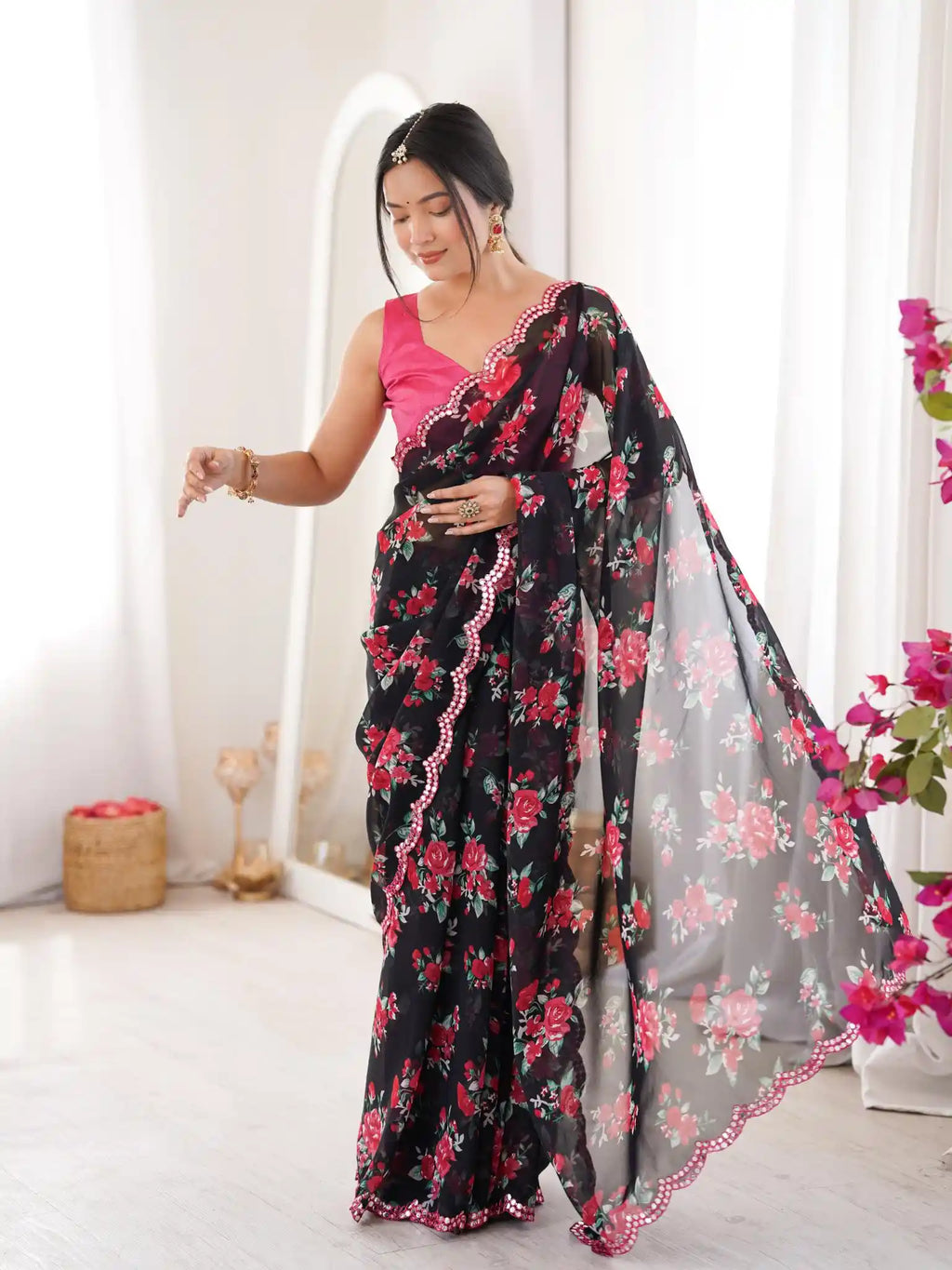 Black Georgette Floral Printed Mirror Work Saree - View 3