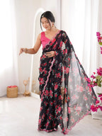 Black Georgette Floral Printed Mirror Work Saree - View 3