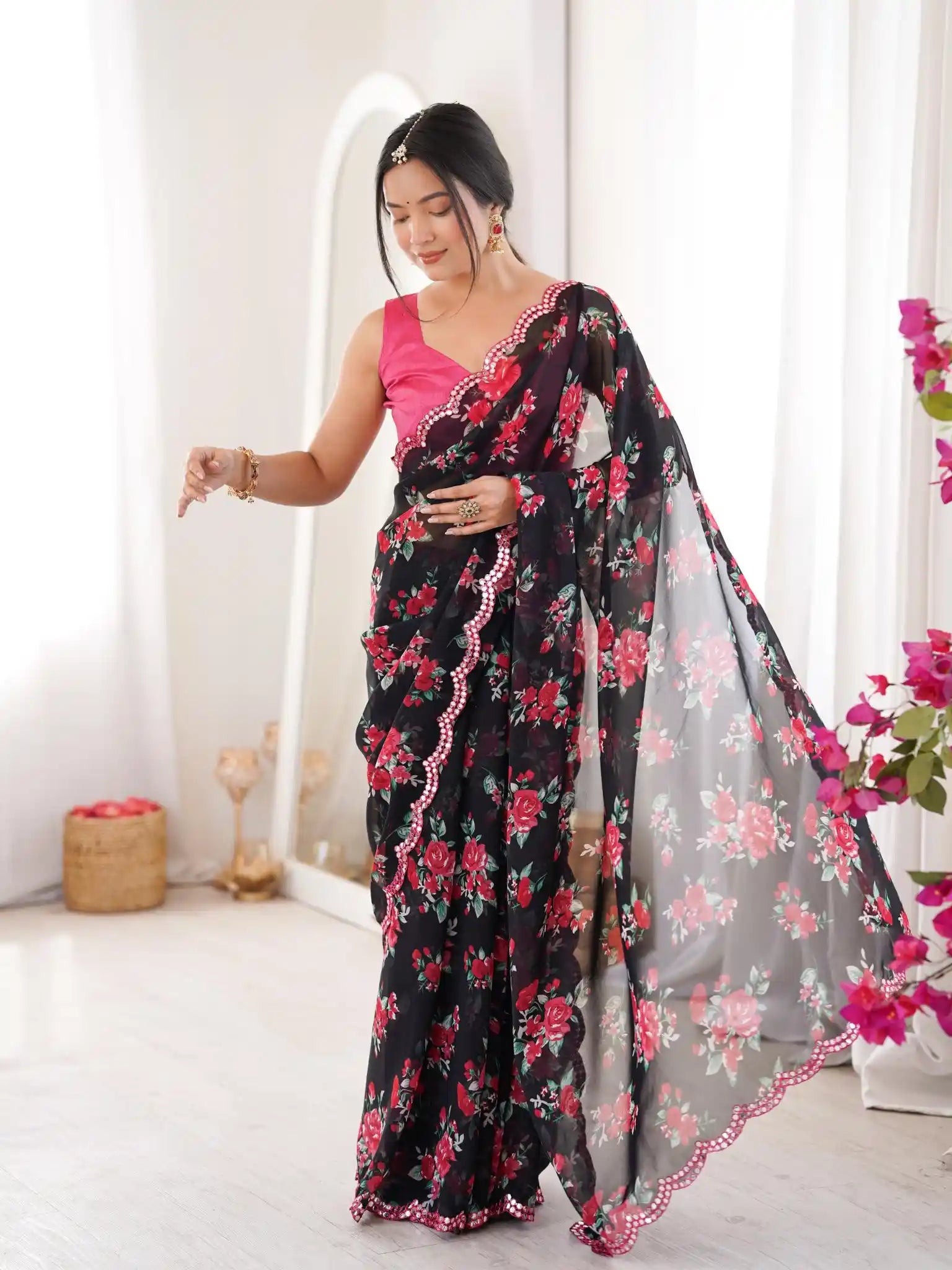 Black Georgette Floral Printed Mirror Work Saree - View 3