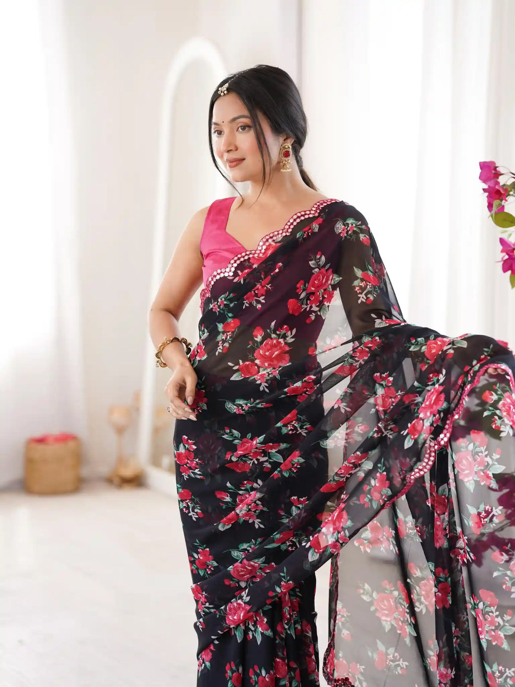 Black Georgette Floral Printed Mirror Work Saree - View 4