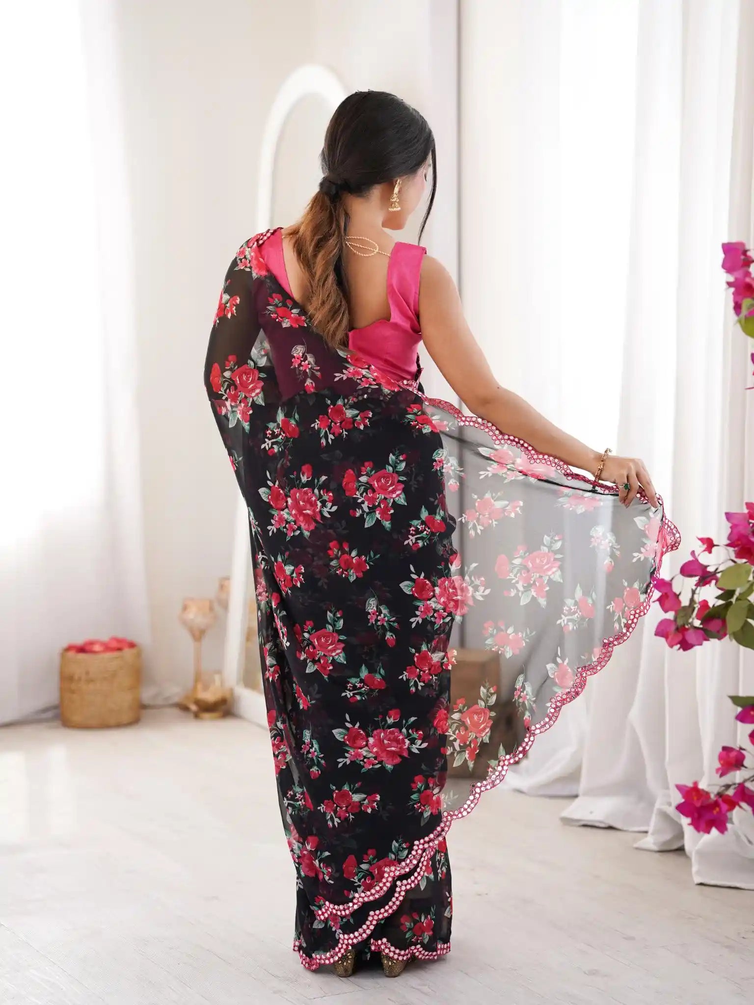 Black Georgette Floral Printed Mirror Work Saree - View 5