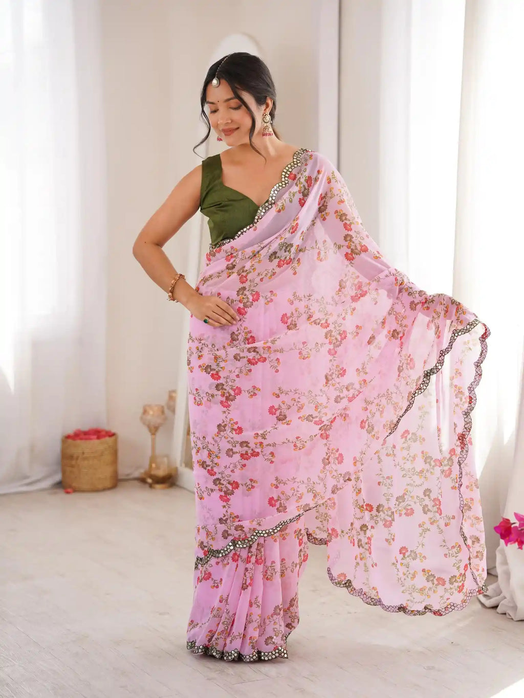 Pink Georgette Floral Printed Mirror Work Saree - View 1