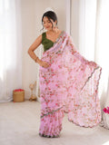 Pink Georgette Floral Printed Mirror Work Saree