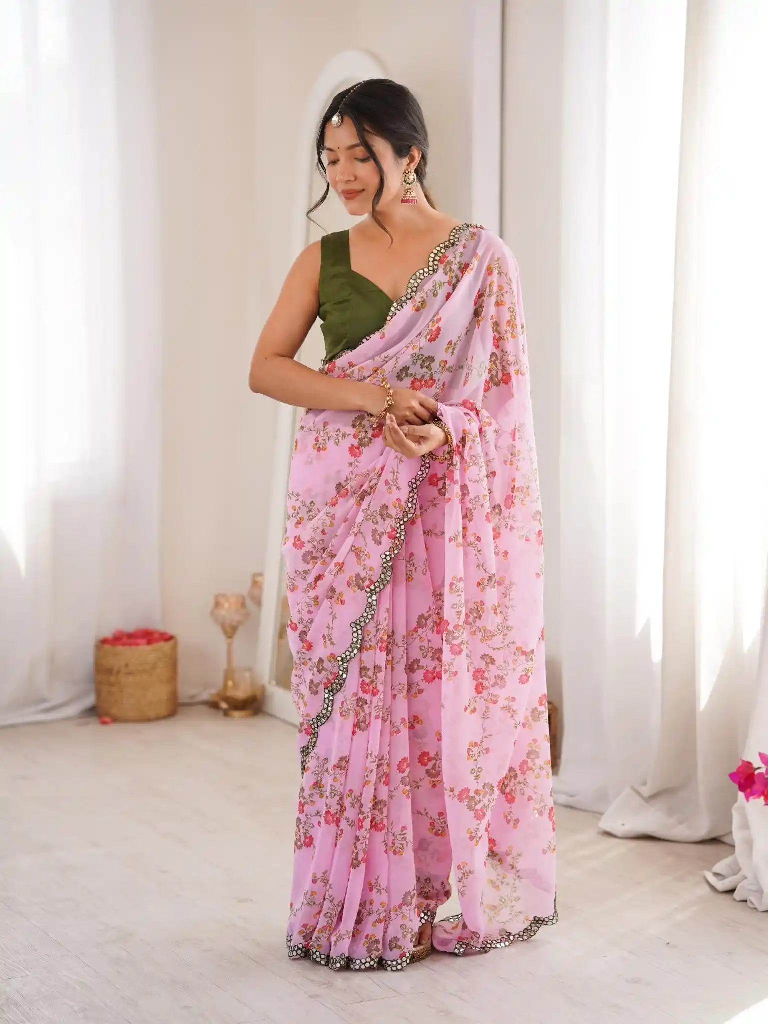 Pink Georgette Floral Printed Mirror Work Saree - View 2