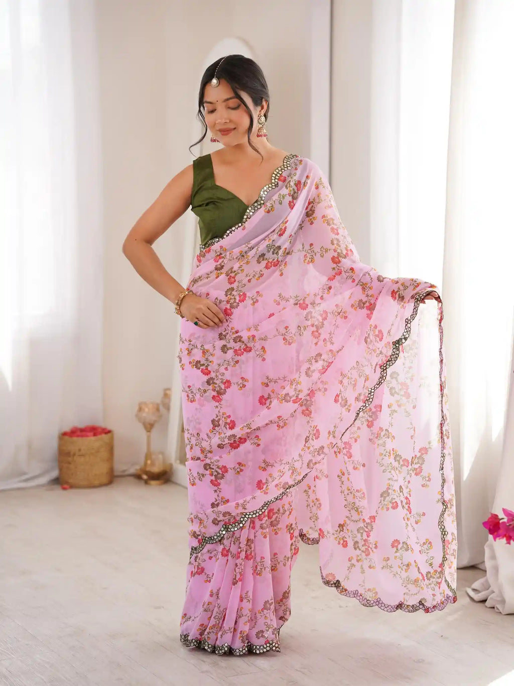 Pink Georgette Floral Printed Mirror Work Saree - View 3