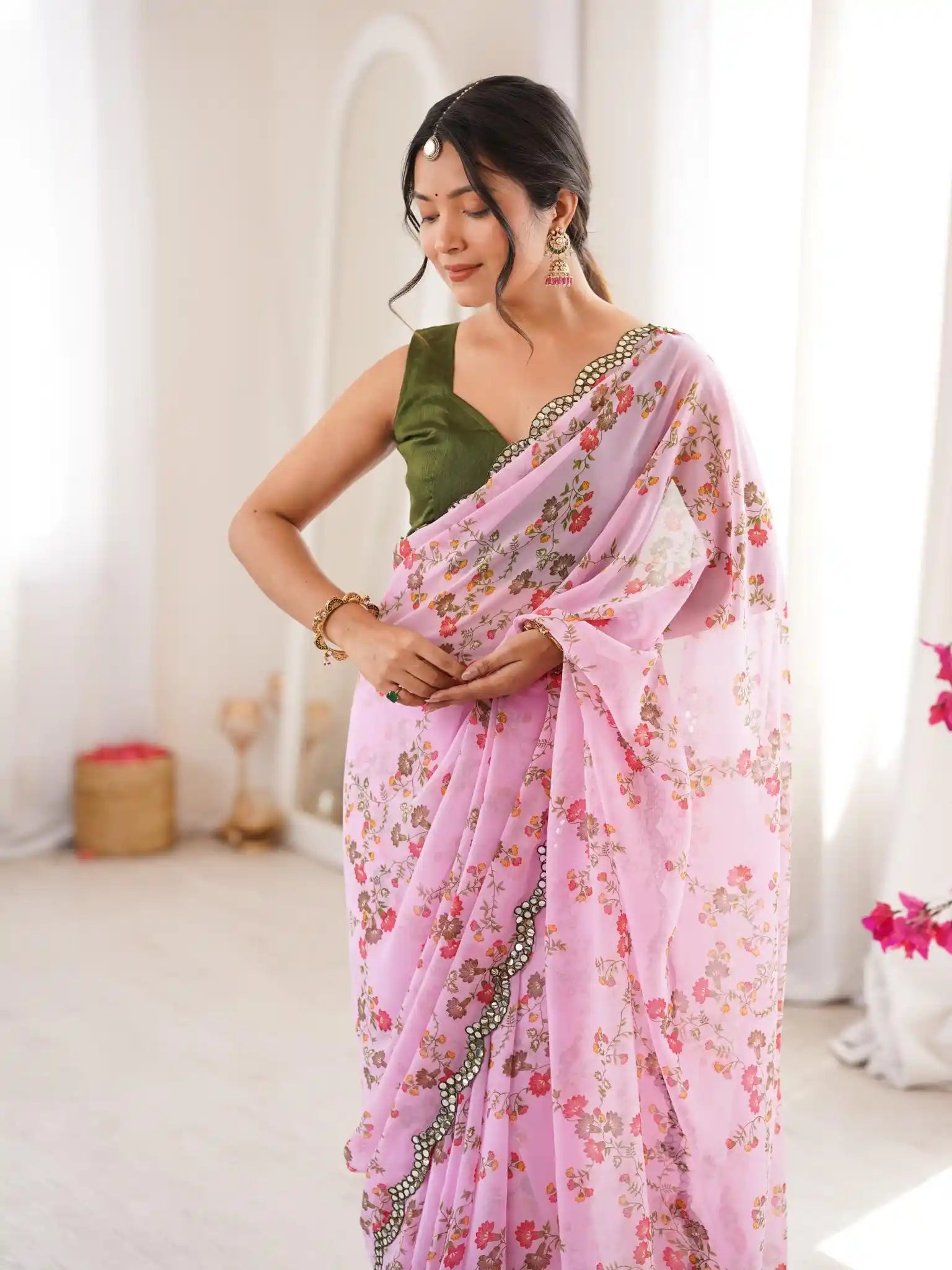 Pink Georgette Floral Printed Mirror Work Saree - View 4
