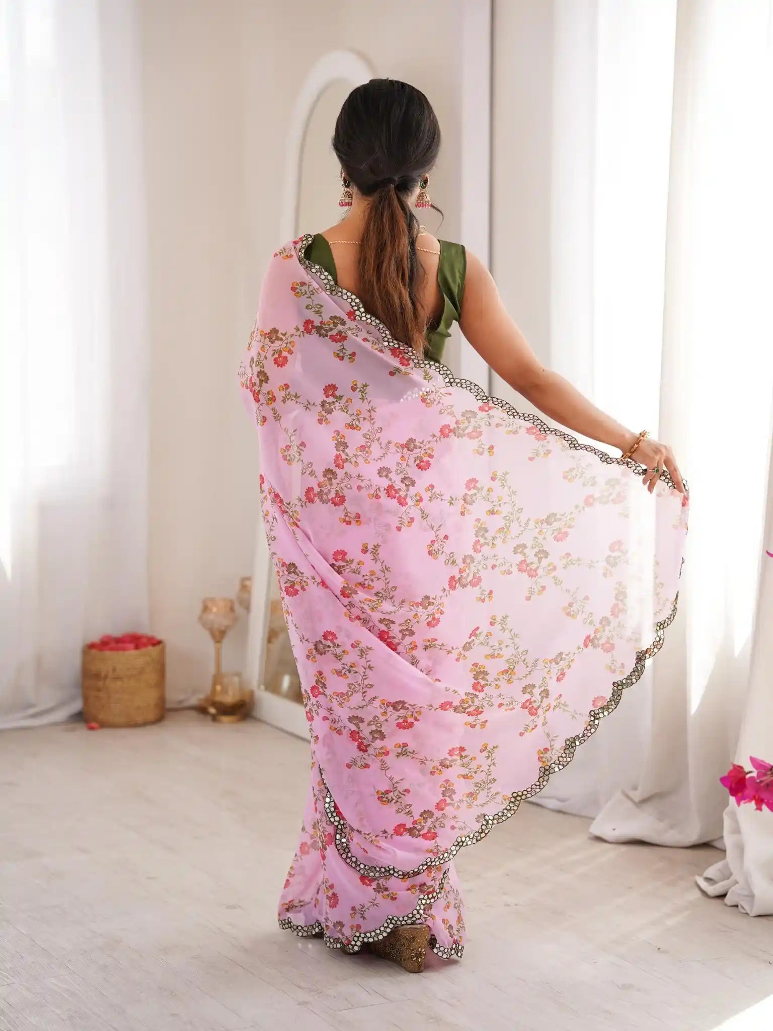 Pink Georgette Floral Printed Mirror Work Saree - View 5