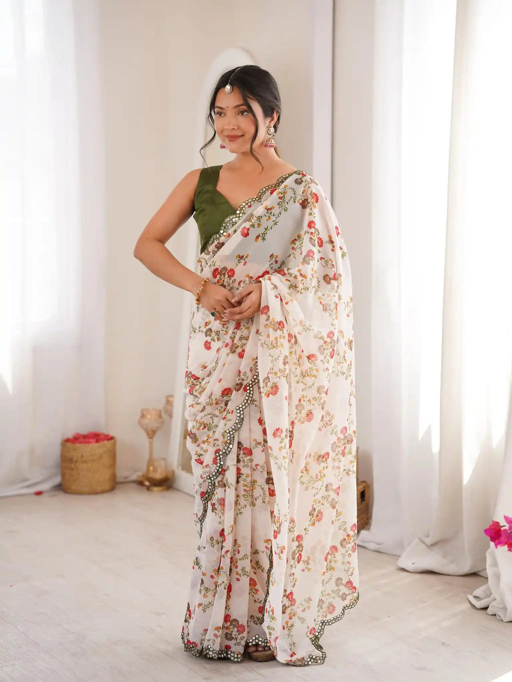 White Georgette Floral Printed Mirror Work Saree - View 1