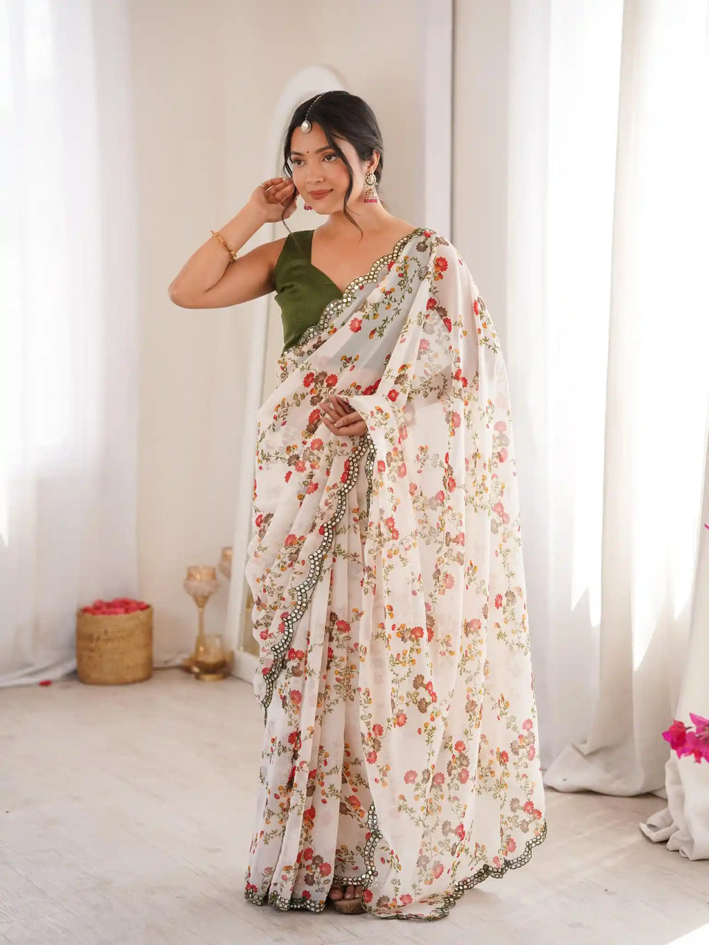 White Georgette Floral Printed Mirror Work Saree - View 2