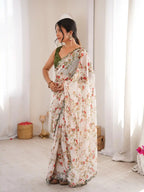 White Georgette Floral Printed Mirror Work Saree - View 3