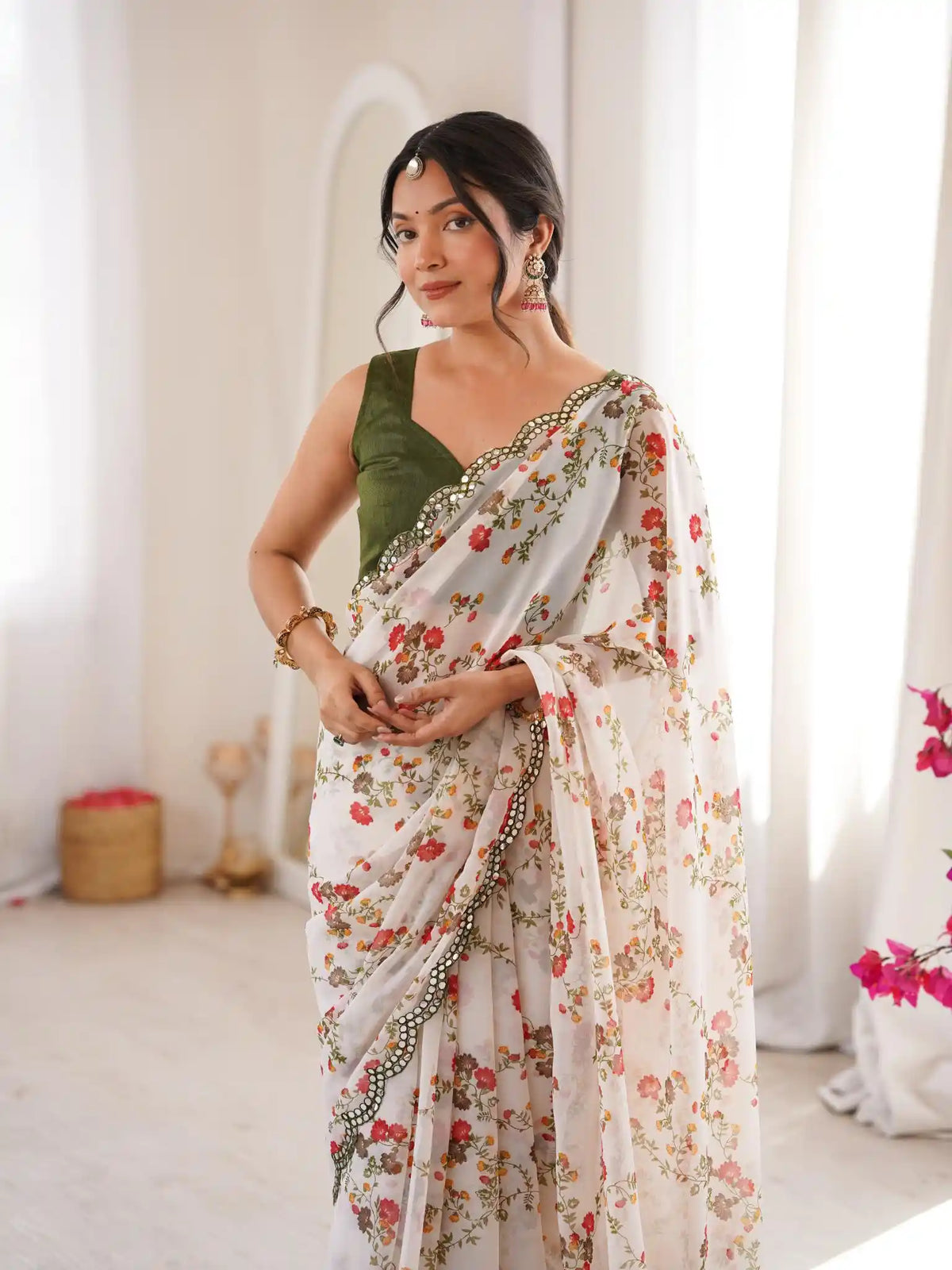 White Georgette Floral Printed Mirror Work Saree - View 4