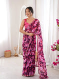 Wine Georgette Floral Printed Mirror Work Saree
