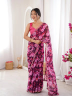 Wine Georgette Floral Printed Mirror Work Saree - View 1