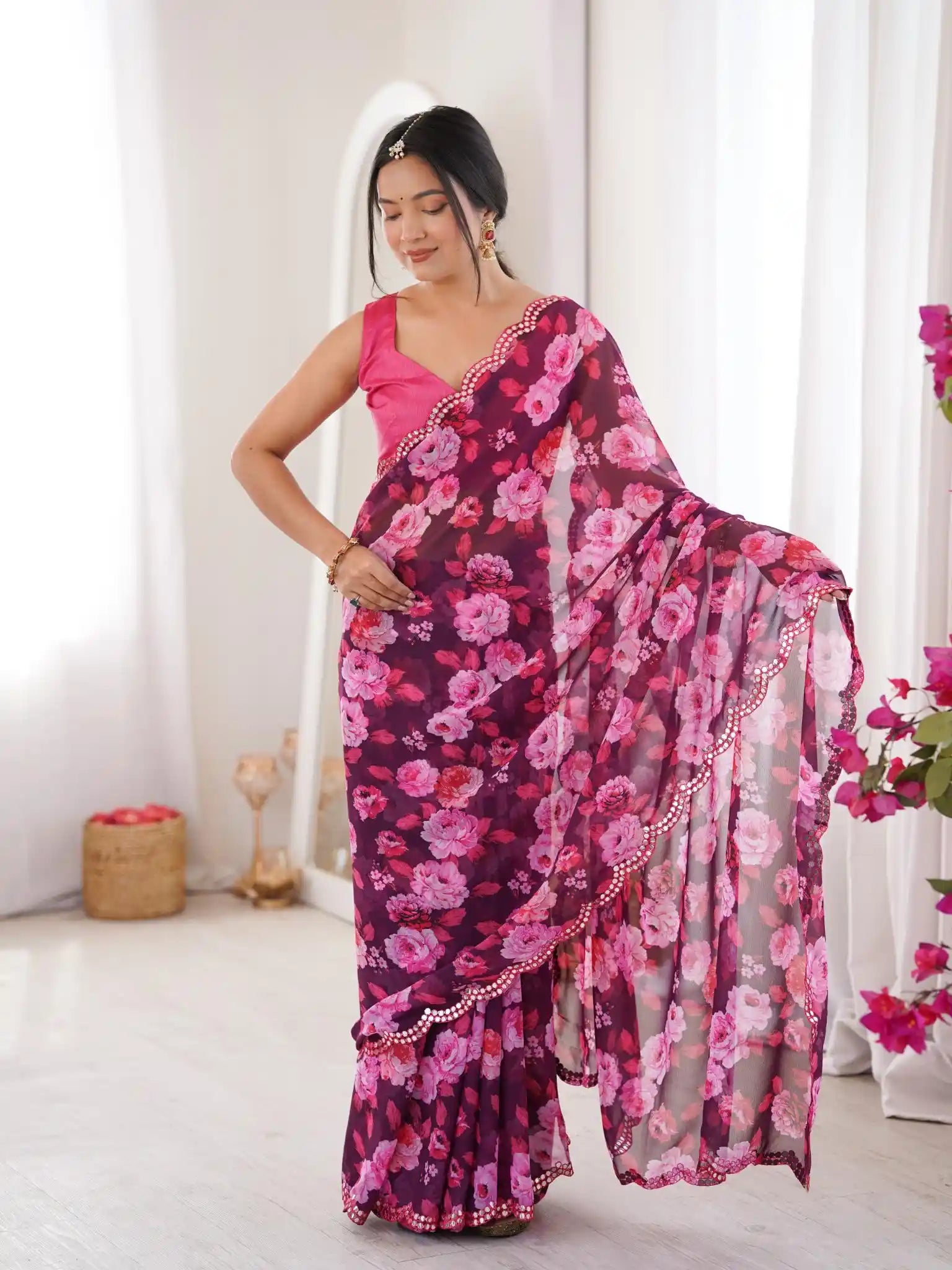 Wine Georgette Floral Printed Mirror Work Saree - View 2