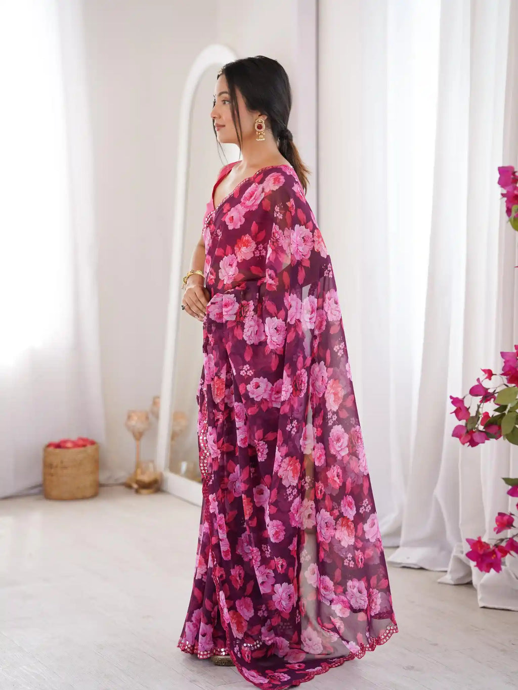 Wine Georgette Floral Printed Mirror Work Saree - View 3