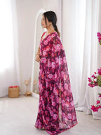 Wine Georgette Floral Printed Mirror Work Saree - View 3