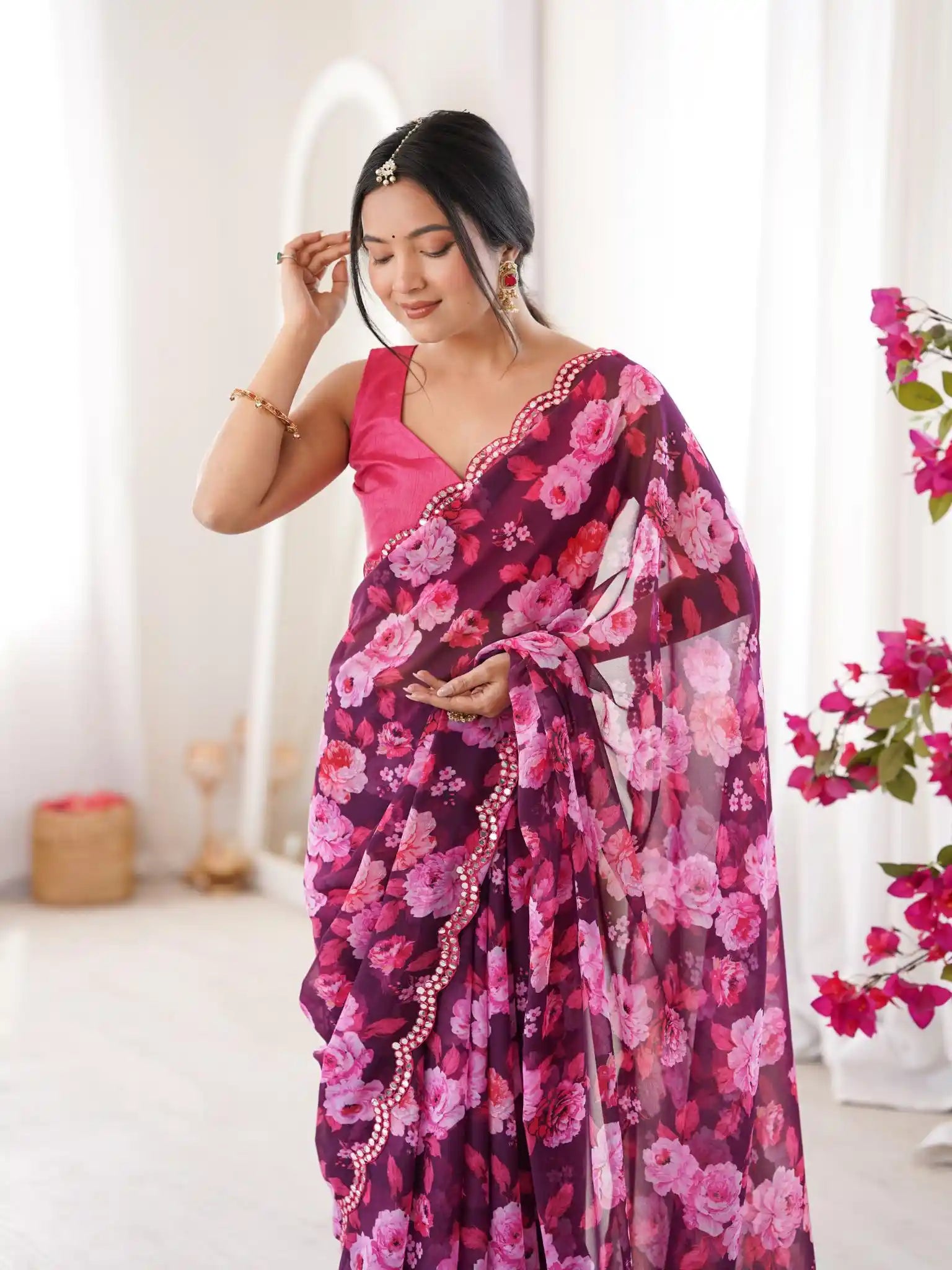 Wine Georgette Floral Printed Mirror Work Saree - View 4