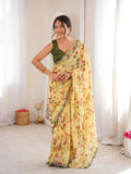 Yellow Georgette Floral Printed Mirror Work Saree