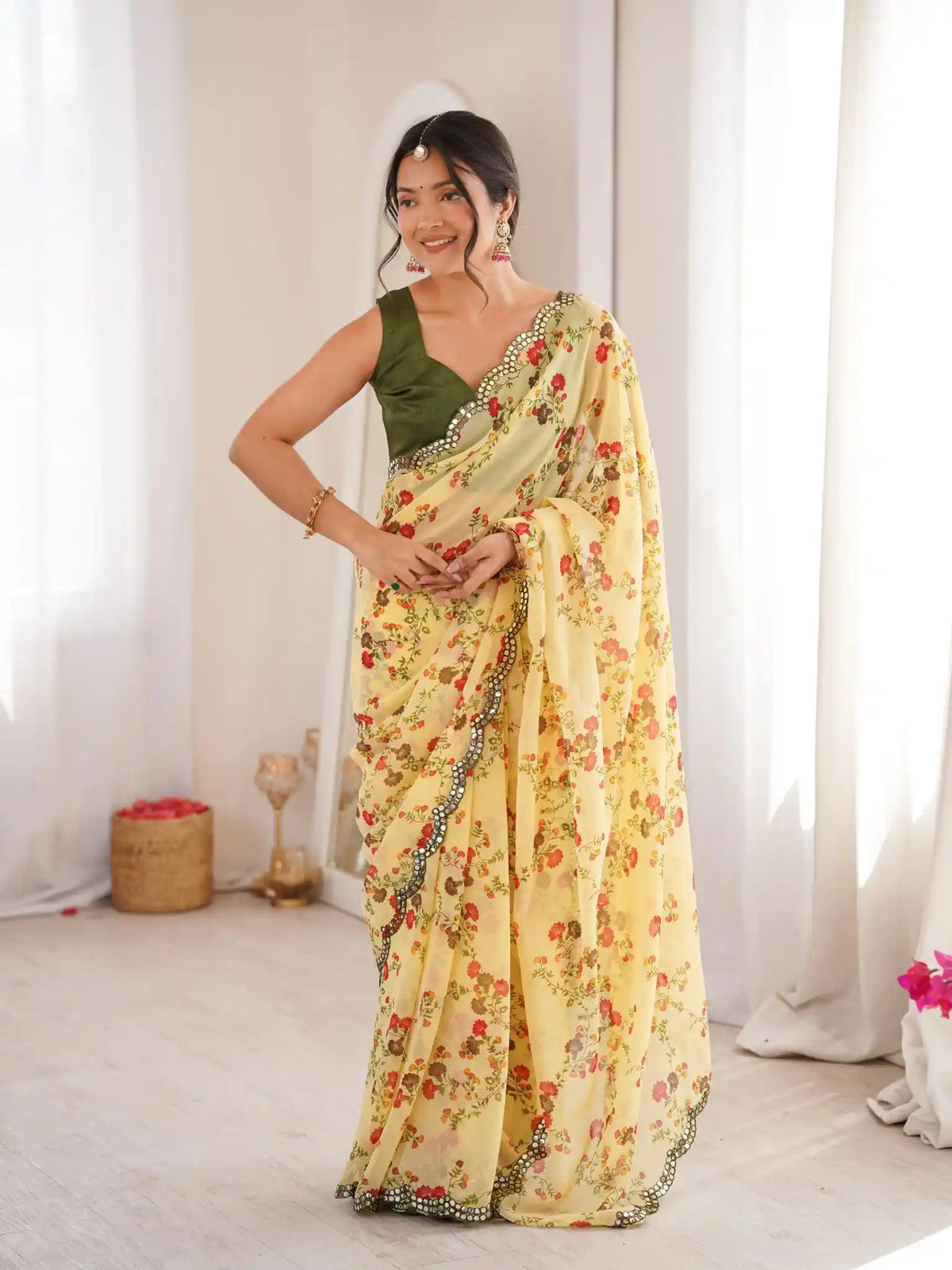 Yellow Georgette Floral Printed Mirror Work Saree - View 1