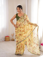 Yellow Georgette Floral Printed Mirror Work Saree - View 2