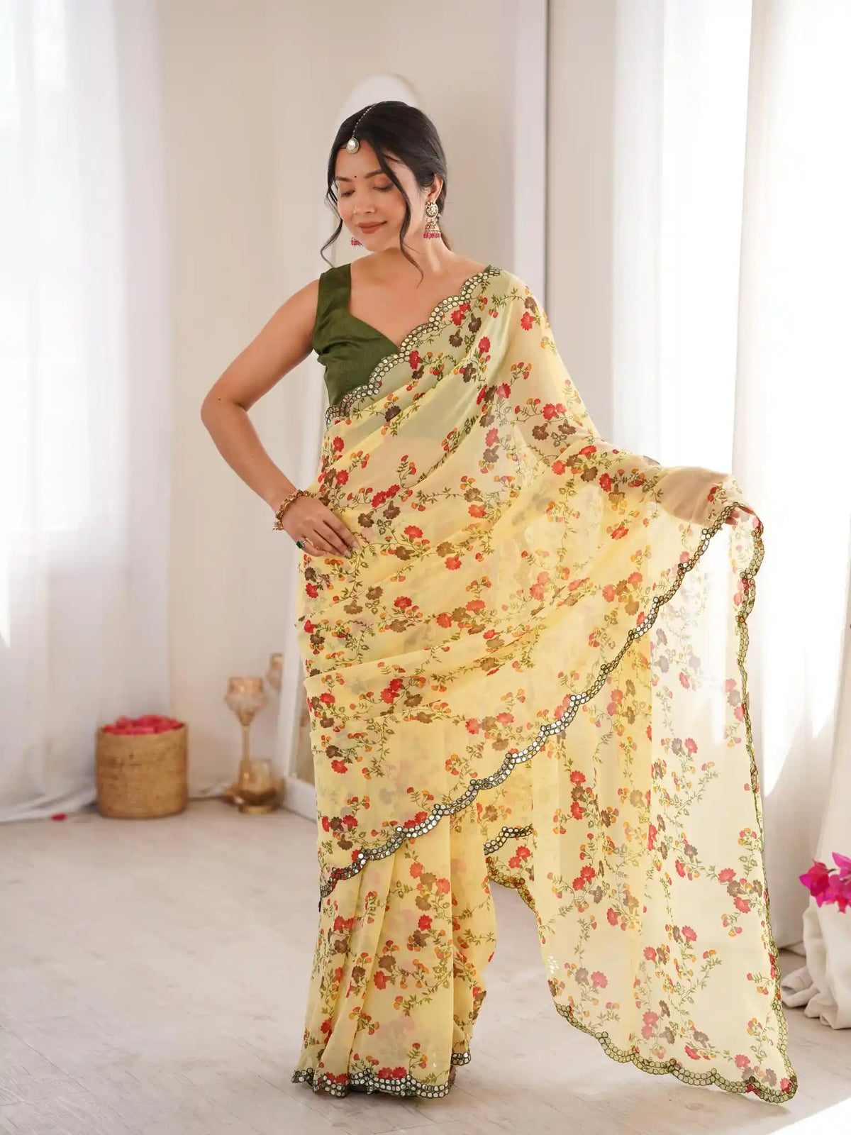 Yellow Georgette Floral Printed Mirror Work Saree - View 2