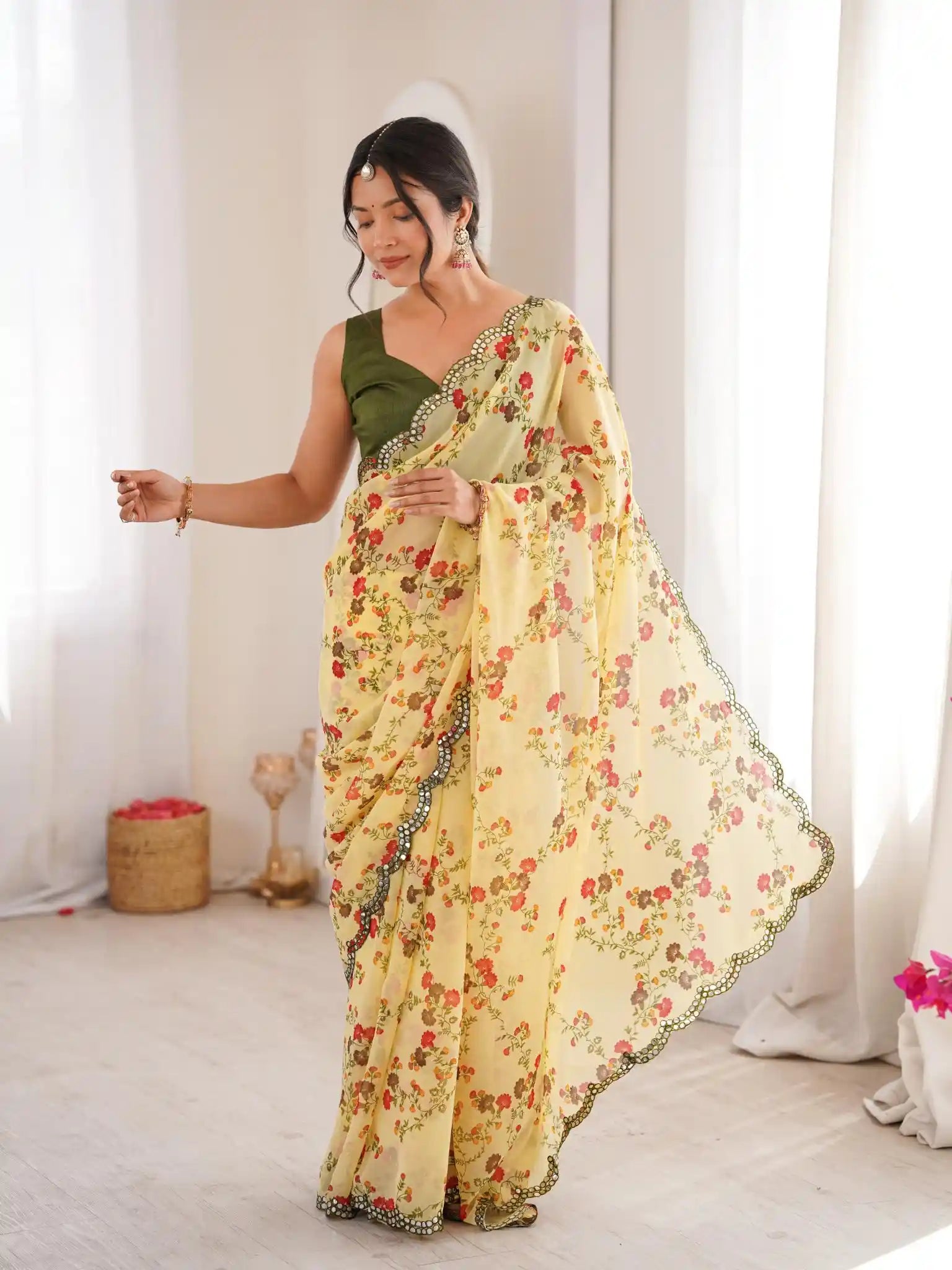Yellow Georgette Floral Printed Mirror Work Saree - View 3