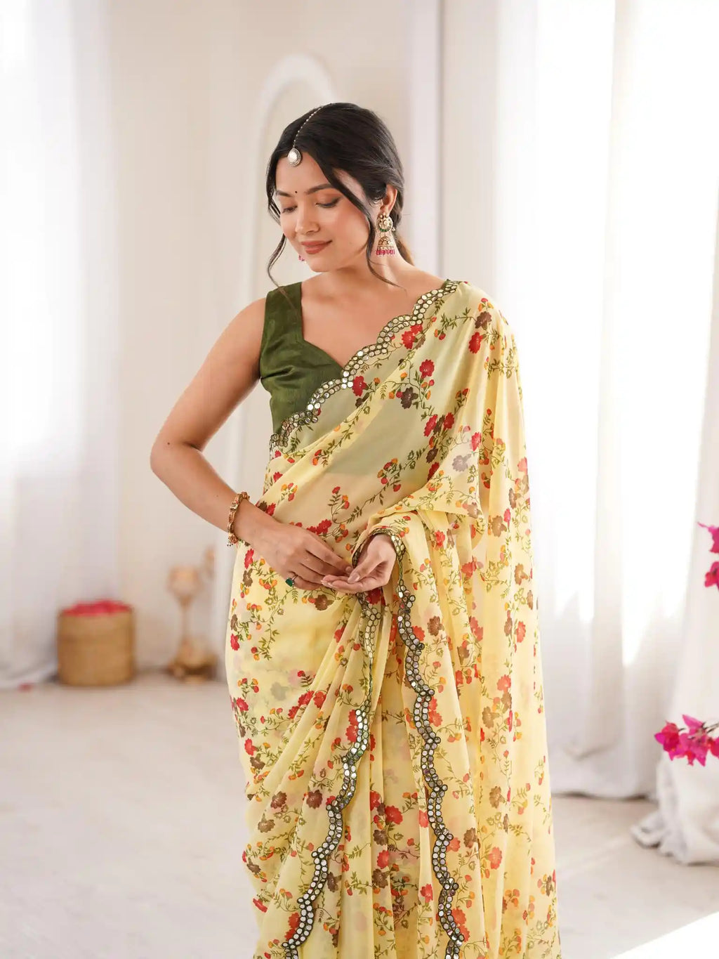Yellow Georgette Floral Printed Mirror Work Saree - View 4
