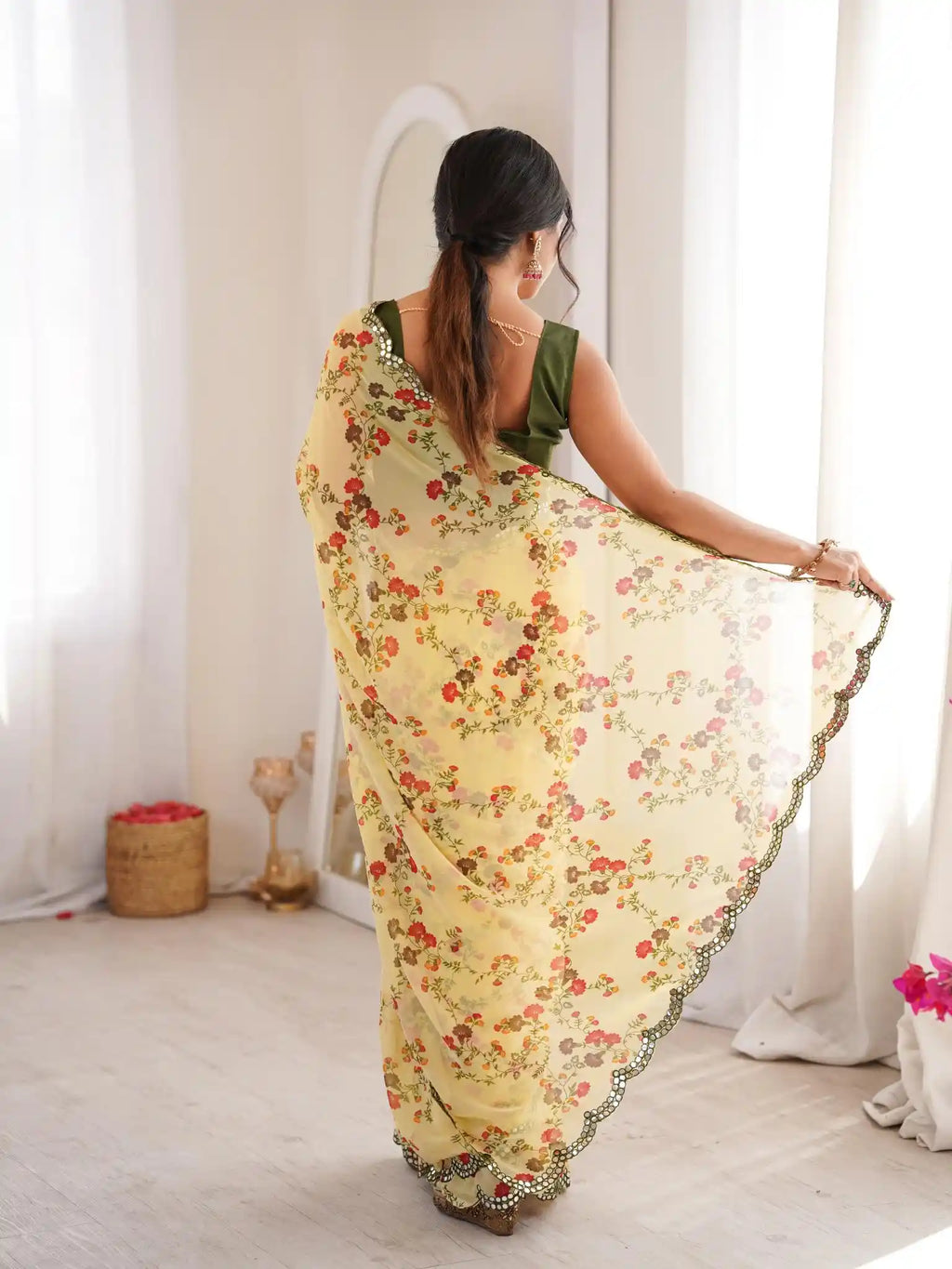 Yellow Georgette Floral Printed Mirror Work Saree - View 5
