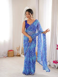 Blue Georgette Bandhani Jari Printed Mirror Work Saree - View 1
