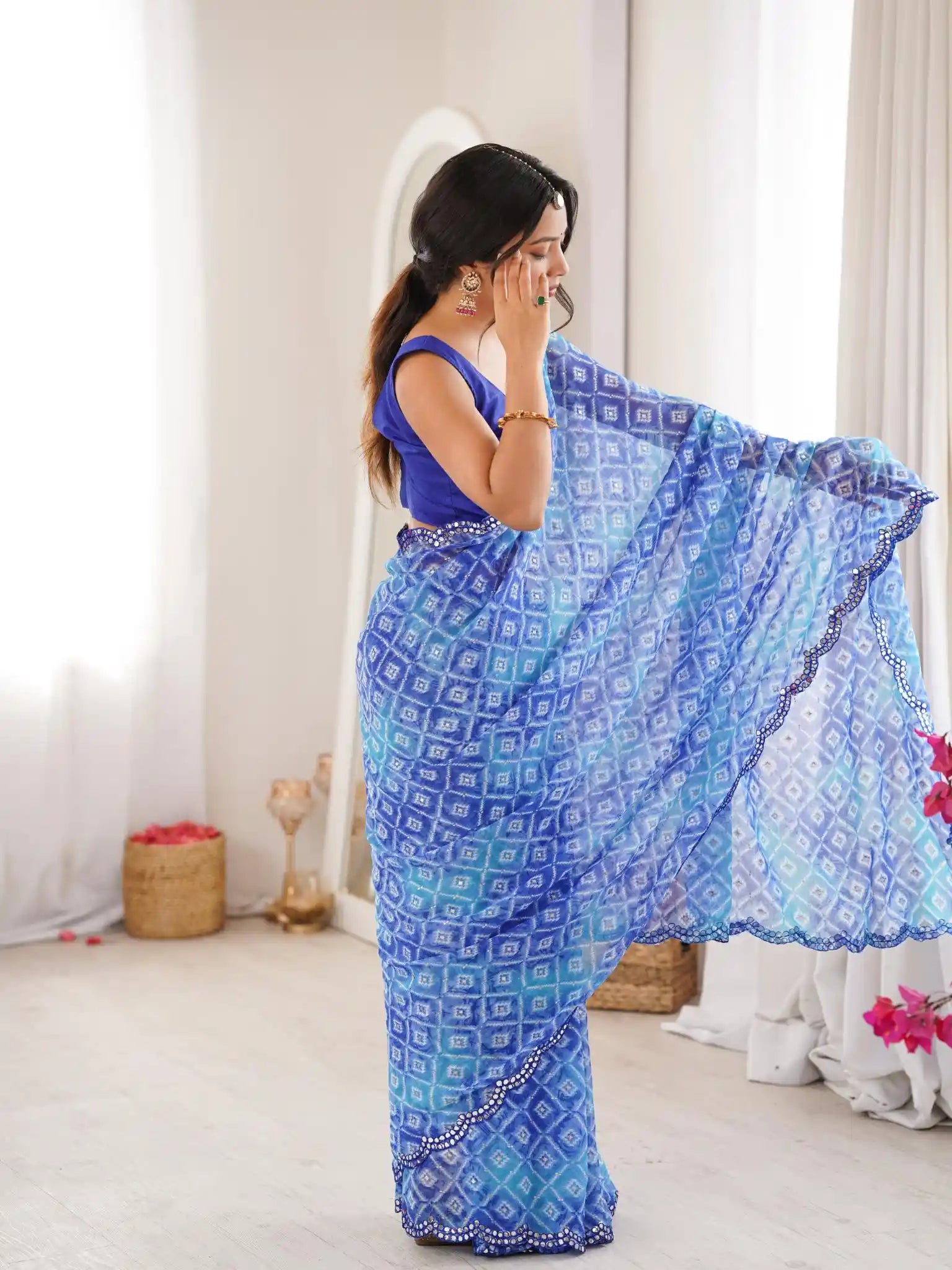 Blue Georgette Bandhani Jari Printed Mirror Work Saree - View 2