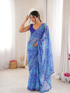 Blue Georgette Bandhani Jari Printed Mirror Work Saree - View 3