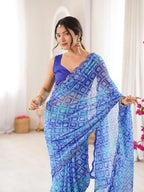 Blue Georgette Bandhani Jari Printed Mirror Work Saree - View 4