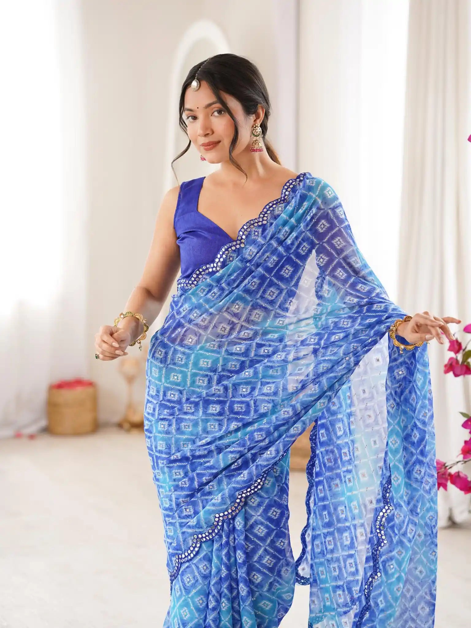 Blue Georgette Bandhani Jari Printed Mirror Work Saree - View 4