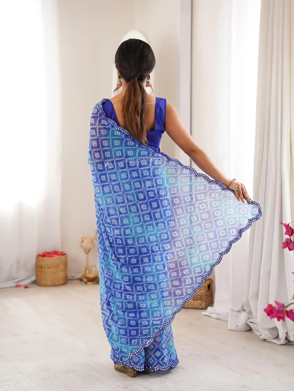 Blue Georgette Bandhani Jari Printed Mirror Work Saree - View 5
