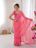 Pink Georgette Bandhani Jari Printed Mirror Work Saree