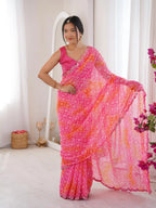 Pink Georgette Bandhani Jari Printed Mirror Work Saree - View 1