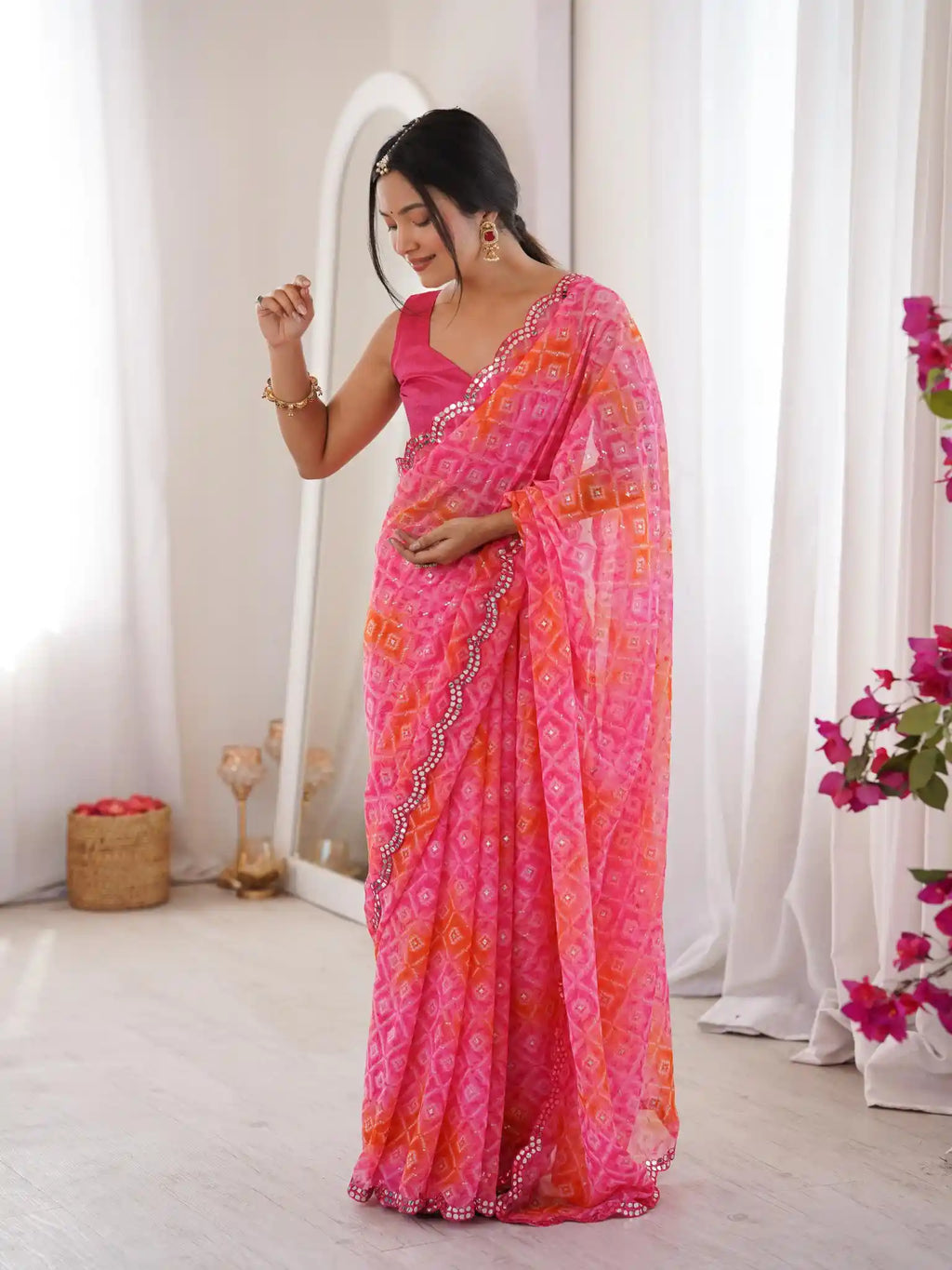 Pink Georgette Bandhani Jari Printed Mirror Work Saree - View 2