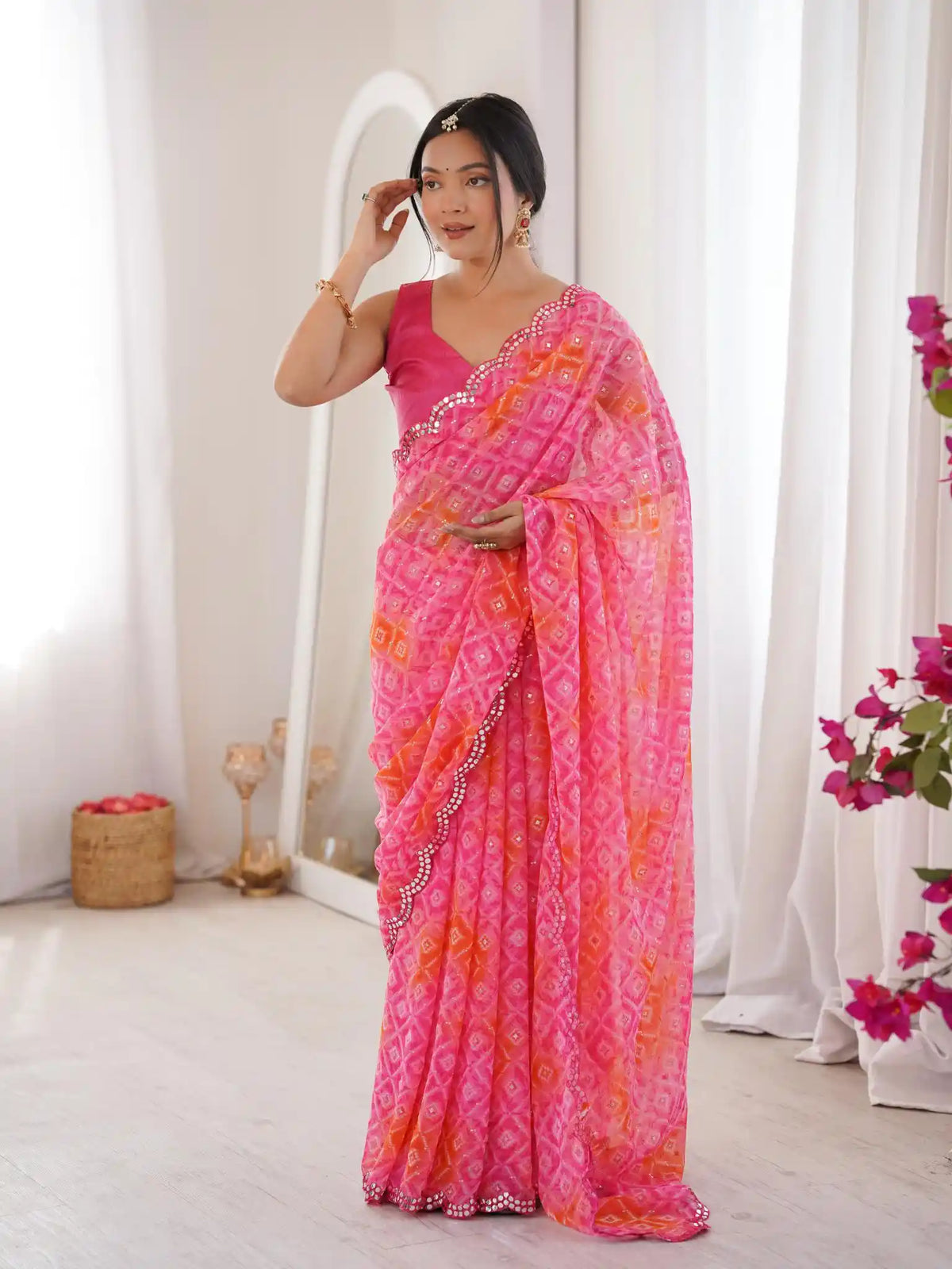 Pink Georgette Bandhani Jari Printed Mirror Work Saree - View 3