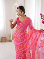 Pink Georgette Bandhani Jari Printed Mirror Work Saree - View 4