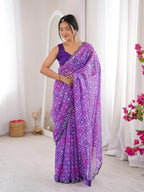 Purple Georgette Bandhani Jari Printed Mirror Work Saree - View 1