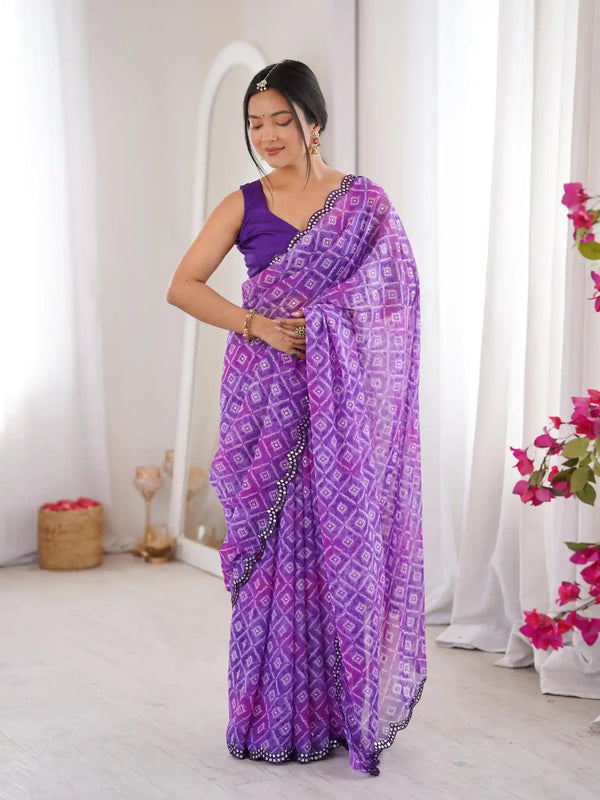 Purple Georgette Bandhani Jari Printed Mirror Work Saree - View 1