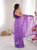 Purple Georgette Bandhani Jari Printed Mirror Work Saree - View 2