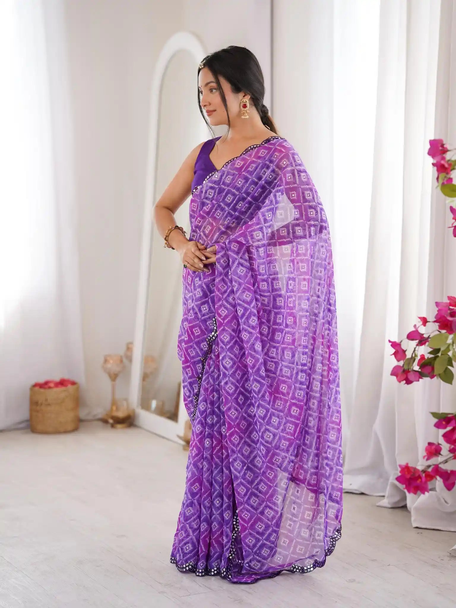 Purple Georgette Bandhani Jari Printed Mirror Work Saree - View 3