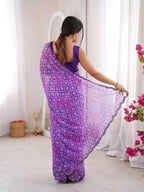 Purple Georgette Bandhani Jari Printed Mirror Work Saree - View 5