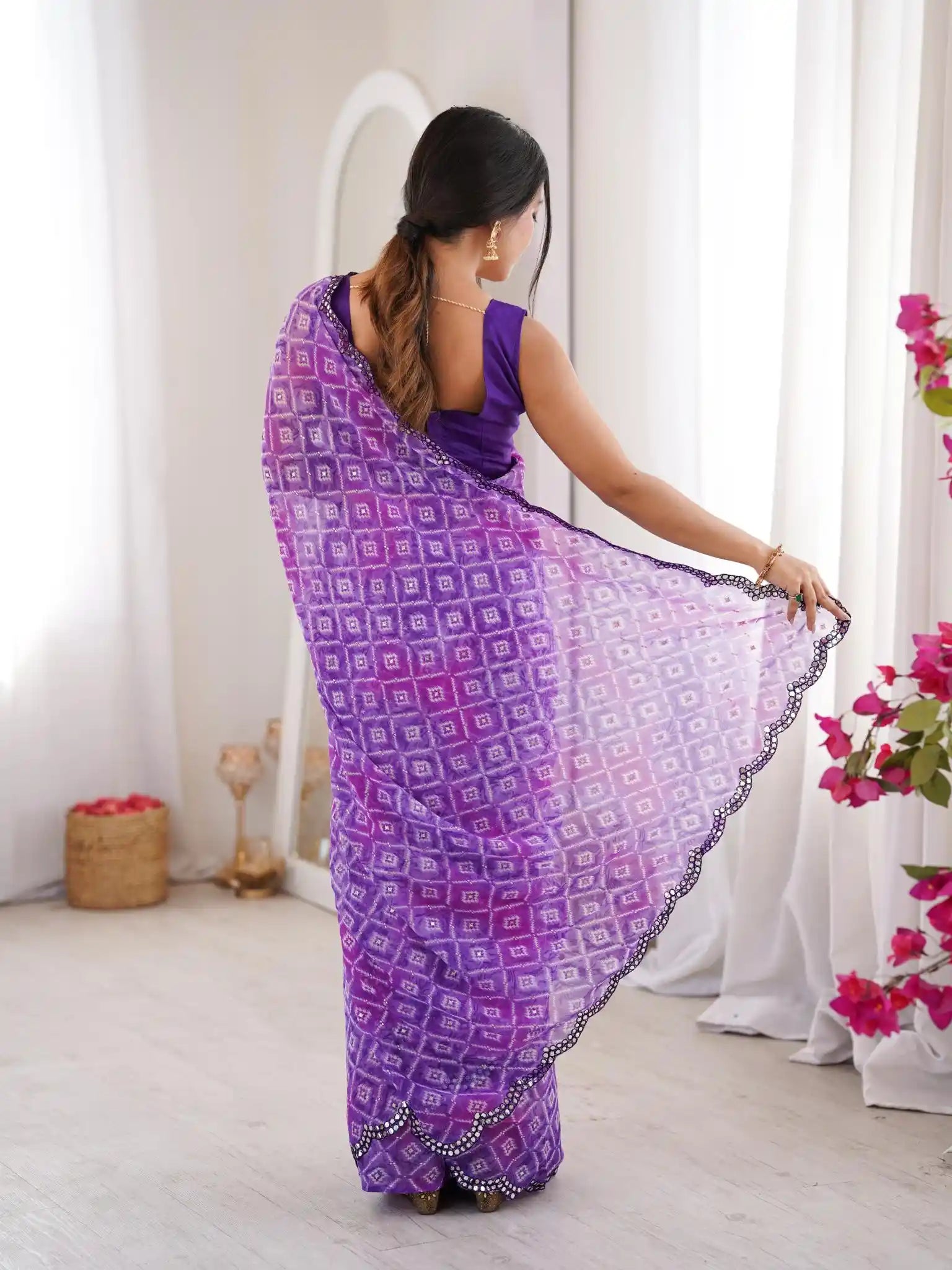 Purple Georgette Bandhani Jari Printed Mirror Work Saree - View 5